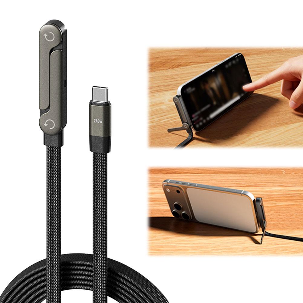 Fast Charging Foldable Data Cable - 2-in-1 USB-A to Type-C & Type-C to Type-C with Built-in Phone Tablet Stand