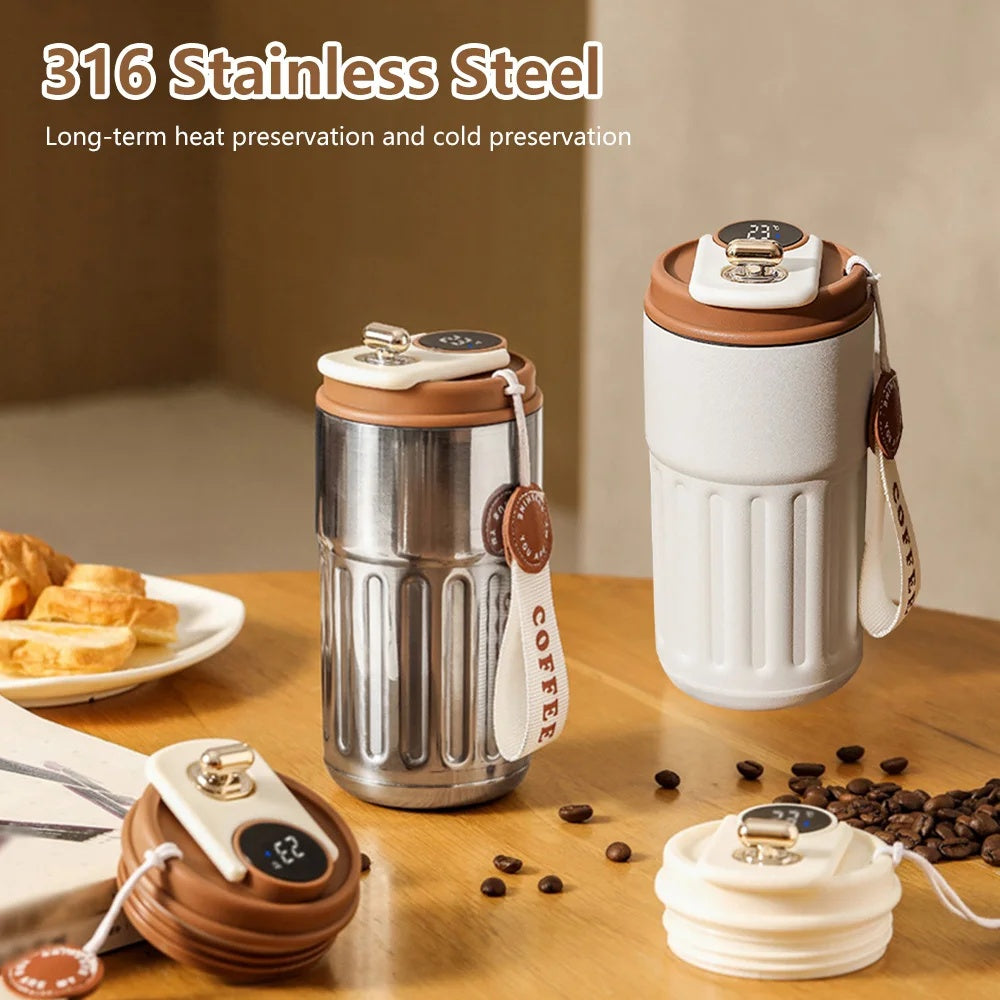 Smart Thermal Water Bottle - Portable 450ml Stainless Steel Insulated Coffee Mug for In-Car Use