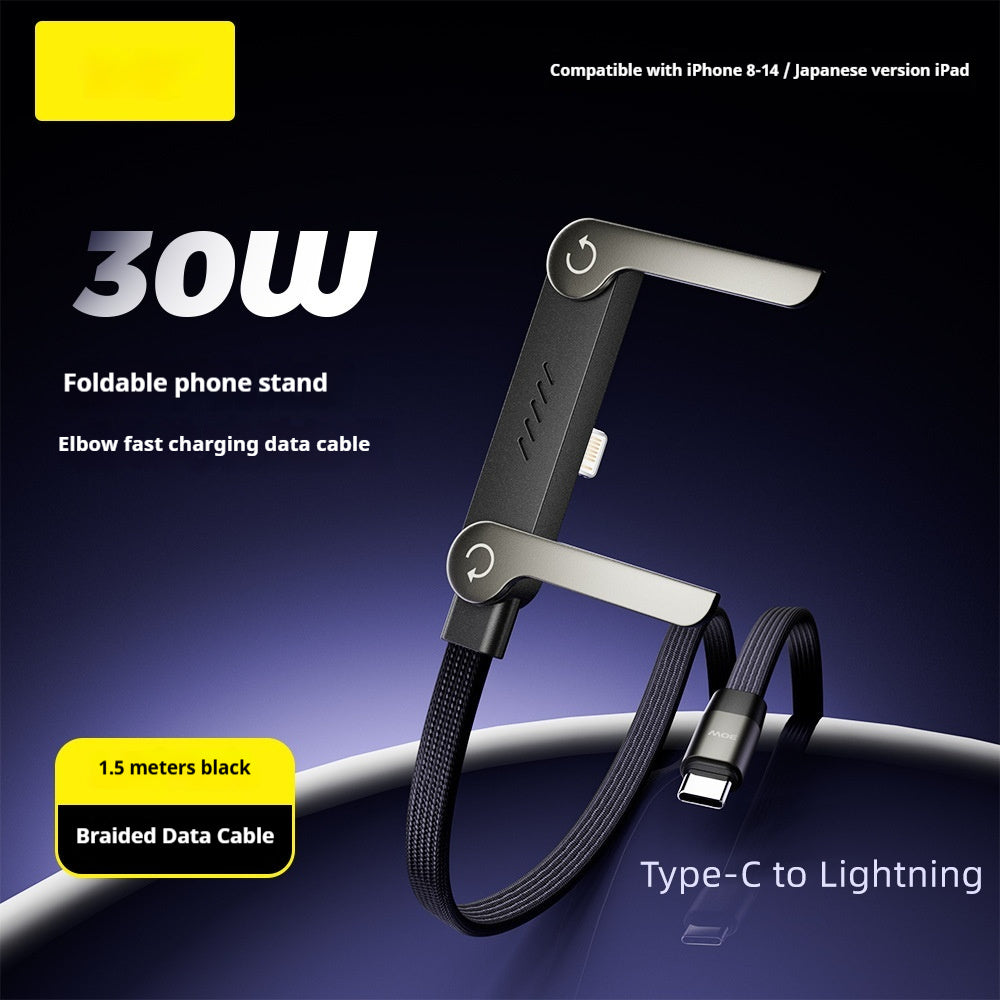 Fast Charging Foldable Data Cable - 2-in-1 USB-A to Type-C & Type-C to Type-C with Built-in Phone Tablet Stand
